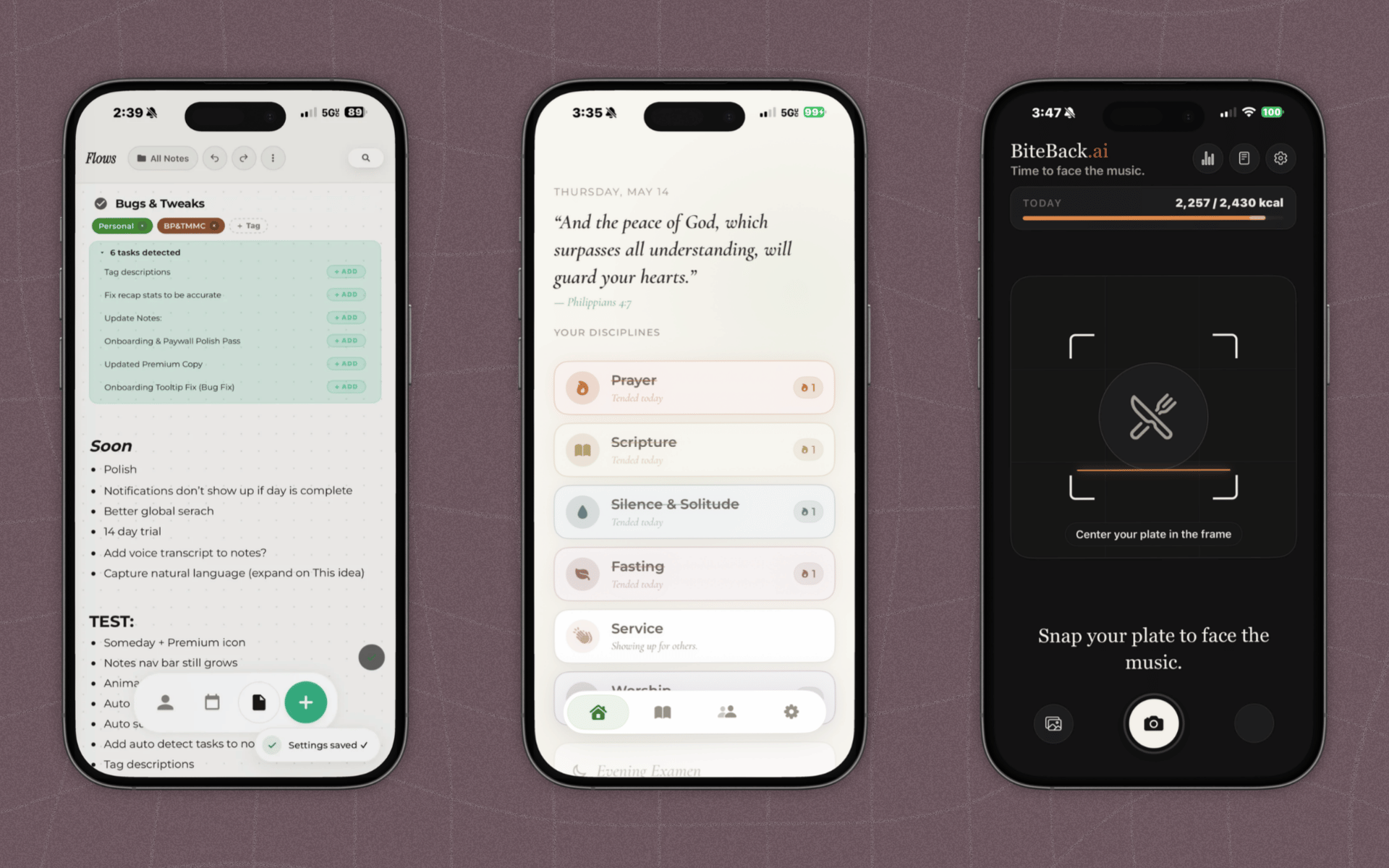 Flows, Tend, and BiteBack.ai apps